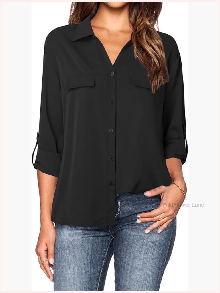 Women's Dressy Lapel Button Down Blouse 3/4 Sleeve Chiffon Work Top
